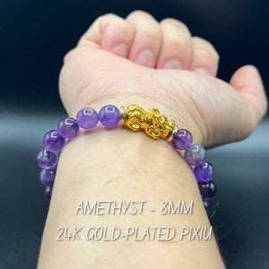 Pixiu Amethyst Bracelet | 8mm Natural Beads | 24k Gold-Plated Charm | Feng Shui Jewelry Symbol of Wisdom & Wealth