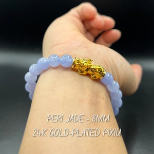 Pixiu Bracelet with Peri Jade | 8mm Natural Beads | 24k Gold-Plated Charm | Feng Shui bracelet wishing prosperity & wealth