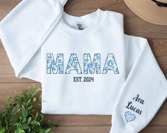 Personalized Floral Mama Sweatshirt with Kid Names on Sleeve, Pregnancy Reveal Shirt, Custom Mothers Day Gift, New Mom Gift, Flower Mama Tee