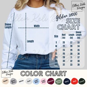 May include: Size chart for Gildan 18000 sweatshirts, showing bust, length, and sleeve length in inches. Color chart with 12 color swatches: Sand, Sport Grey, White, Ash, Light Blue, Light Pink, Maroon, Military Green, Navy, Red, and Forest.