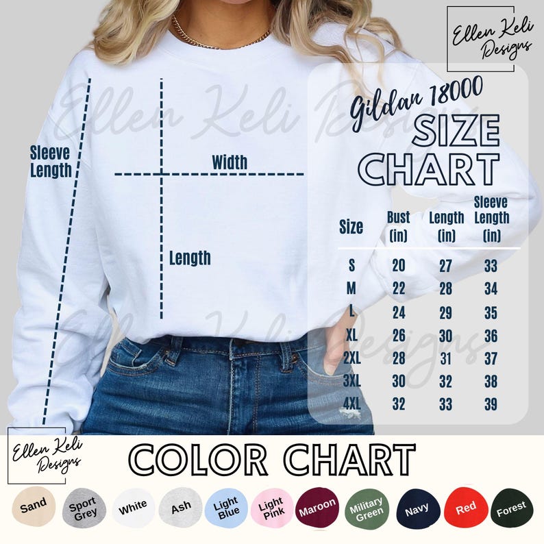 May include: Size chart for Gildan 18000 sweatshirts, showing bust, length, and sleeve length in inches. Color chart with 12 color swatches: Sand, Sport Grey, White, Ash, Light Blue, Light Pink, Maroon, Military Green, Navy, Red, and Forest.