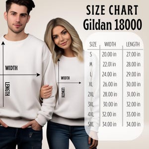 a man and a woman standing next to each other, both wearing white sweatshirts. The image also includes a size chart for the Gildan 18000 sweatshirt, providing measurements for different sizes.