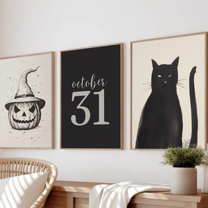 Halloween Set of 3 Prints, Halloween Poster, Spooky Wall Art, Cat Print, Pumpkin Poster, Halloween Gallery, Instant Download, Picture Set