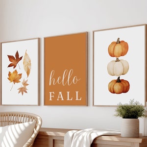 Orange Hallo Herbst Set von 3 druckbare Wandkunst, Herbstblätter Druck, moderne Herbst Dekoration, Kürbis Dekorationen, Herbst Zitat Poster, Kunst herunterladen