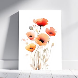 Poppies Watercolor Flowers Art Print, Floral Decor, Printable Wall Art, Watercolour Painting, Minimalist Wall Art, Orange Poppy Poster
