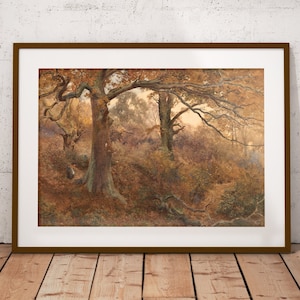 Pintura al óleo antigua de bosque otoñal, arte de pared, arte imprimible de paisajes, impresiones de estilo cottagecore, impresiones digitales de otoño, tonos terrosos, arte en madera