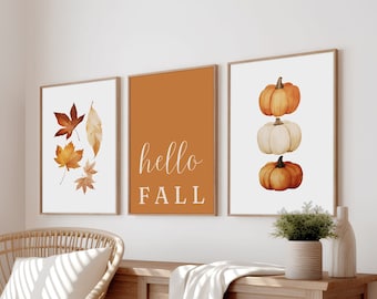 Orange Hello Fall Set of 3 Printable Wall Art, Autumn Leaves Print, Modern Fall Decor, Pumpkin Decorations, Fall Quote Poster, Download Art
