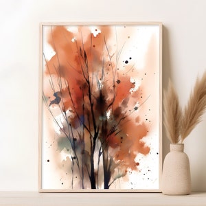 Abstract Fall Tree Watercolor Painting: Minimalist Autumn Wall Art (Digital Download)