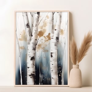 Birch Tree Watercolor Print: Minimalist Blue Wall Art (Digital Download)