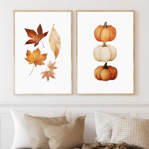 Kürbisse und Blätter Herbst 2er Set druckbare Wandkunst, Kürbisse Druck, moderne Herbstdekor, Kürbis Dekorationen, Herbst Poster, Download Kunst