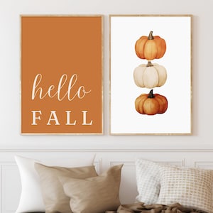 Orange Hello Fall 2er Set druckbare Wandkunst, Kürbisse Druck, moderne Herbstdekor, Kürbis Dekorationen, Herbst Spruch Poster, Download Kunst