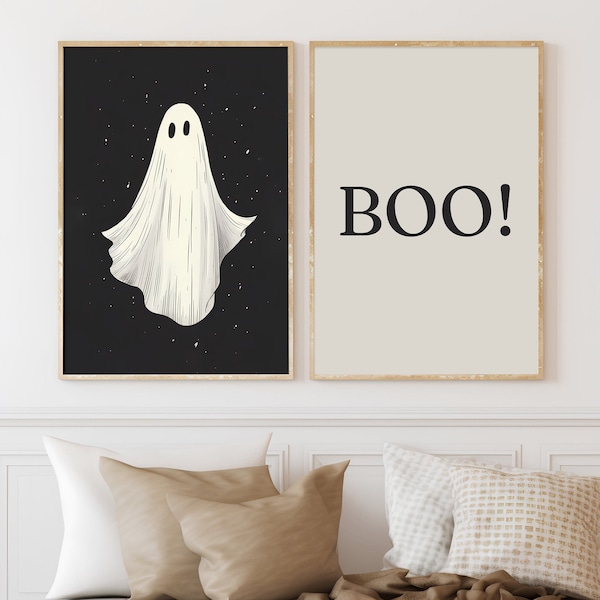 Halloween Set of 2 Prints, Halloween Poster, Spooky Wall Art, Ghost Print, Boo Quote Poster, Dark Print Pair, Instant Download, Picture Set