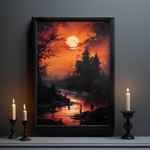 Haunted Riverside Halloween Art Print: Gothic Macabre Decor (Downloadable)