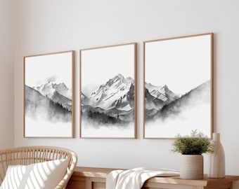 Set of 3 Mountain Prints, Mountain Drawing, Mountain Wall Art, 3-Piece Poster, Mountain Poster, Landscape Wall Decor, Mountain black & white