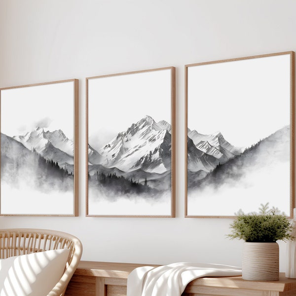 Ensemble de 3 estampes de montagne, dessin de montagne, art mural de montagne, affiche 3 pièces, affiche de montagne, décor mural paysager, montagne noir et blanc