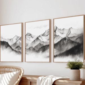 Set of 3 Mountain Prints, Mountain Drawing, Mountain Wall Art, 3-Piece Poster, Mountain Poster, Landscape Wall Decor, Mountain black & white