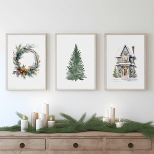 Watercolor Winter Prints Set: Christmas Tree, Wreath, House (Digital Download)