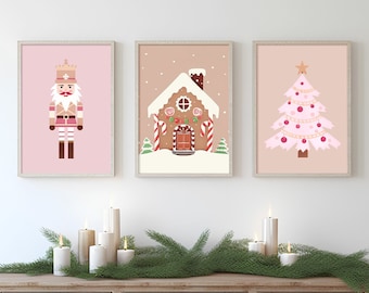 Set of 3 Christmas Prints, Christmas Prints Bundle, Pink Christmas Printables, Xmas Printables, Pink Christmas Art, Holiday Gallery Prints