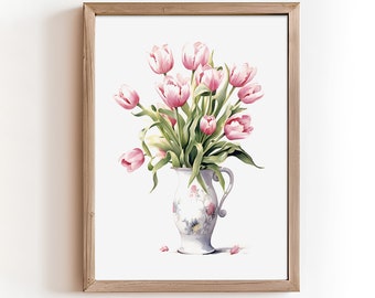 Pink Tulip Watercolor Art, Spring Flower Print, Flower Printable Art, Floral Spring Wall Art, Easter Wall Decor, Spring Poster Download