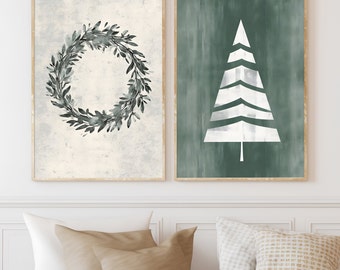 Minimalistic Christmas Print Set of 2, Winter Printable Wall Art Bundle, Modern Christmas Poster, Sage Green Christmas Art, Boho Xmas Poster