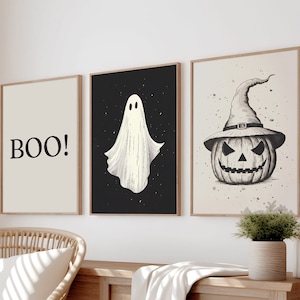 Set di 3 stampe di Halloween, poster di Halloween, arte murale spettrale, stampa di fantasmi, poster di zucche, galleria di Halloween, download immediato, set di immagini