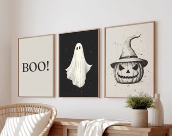 Halloween Set of 3 Prints, Halloween Poster, Spooky Wall Art, Ghost Print, Pumpkin Poster, Halloween Gallery, Instant Download, Picture Set