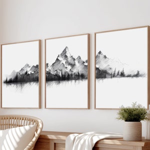 Set of 3 Mountain Prints, Mountain Drawing, Mountain Wall Art, 3-Piece Poster, Mountain Poster, Landscape Wall Decor, Mountain black & white