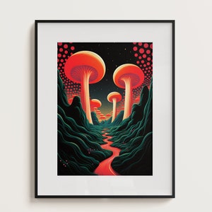 Arte mural de hongos de fantasía, impresión de hongos con estilo, decoración de pared de los años 70, arte mural de Weirdcore, carteles de moda, arte imprimible, descarga digital