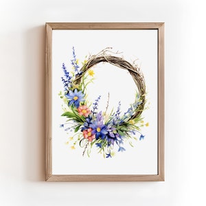 Spring Wreath Watercolor Art, Spring Flower Print, Botanical Printable, Floral Spring Wall Art, Easter Wall Decor, Spring Poster Download