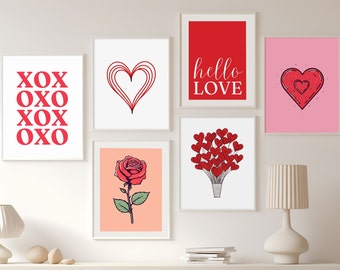 Set of 6 Valentines Prints, Valentines Day Art Bundle, Love Printable, Romantic Wall Decor, Instant Download, Valentines Day Gallery Print