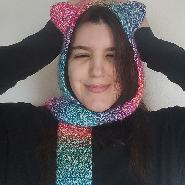 Crochet Kitty Scarf / Rainbow Warm Cat Ears Scarf / Funky Handmade Scarf with Ears