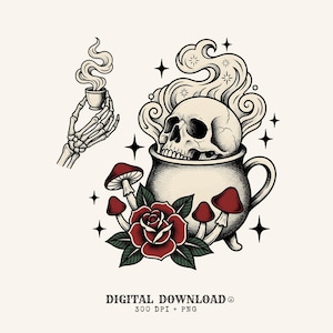 May include: A black and white illustration featuring a skeleton hand holding a small steaming cup, alongside a cauldron containing a skull with rising steam, accented by red mushrooms, a red rose with green leaves, and small four-pointed stars.