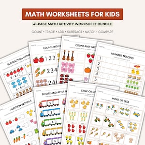 May include: A 41-page math activity worksheet bundle for kids featuring various educational exercises. The pages include tasks such as counting, tracing, adding, subtracting, matching, and comparing, illustrated with colorful icons like fruits, toys, and animals.