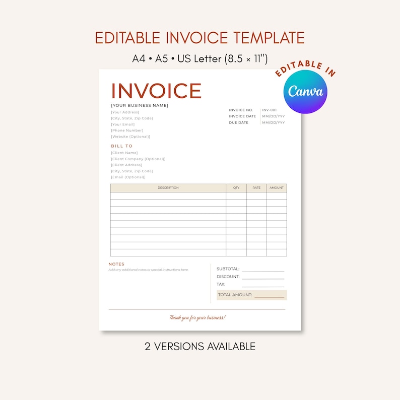 Editable Invoice Template Small Business Invoice Printable PDF Editable ...