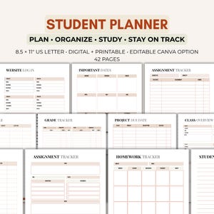 Puede incluir: Un conjunto de plantillas digitales e imprimibles para estudiantes de 42 páginas en formato de 21,59 x 27,94 cm. El diseño incluye secciones para inicios de sesión, fechas importantes, seguimiento de tareas, calificaciones y fechas de proyectos.