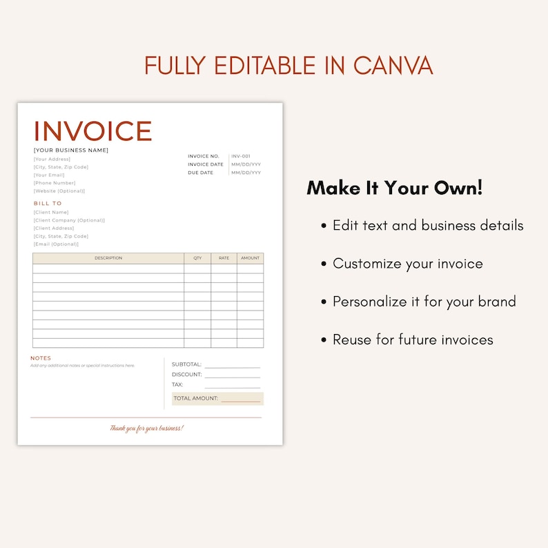 Editable Invoice Template Small Business Invoice Printable PDF Editable ...
