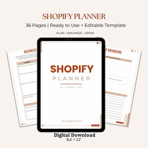 Może przedstawiać: Cyfrowy szablon planera Shopify wyświetlony na ekranie tabletu, zawierający 36 stron, edytowalne układy oraz tekst "SHOPIFY PLANNER" wraz z hasłem "PLAN · ORGANIZE · GROW" i "BUILD A BUSINESS YOU LOVE." Zawiera wymiary 21,59 x 27,94 cm.