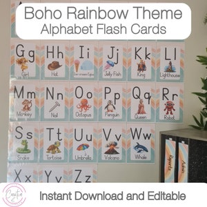 Boho Rainbow Theme Classroom Decor | Alphabet Posters | Editable Alphabet | Pastel Rainbow Classroom Decor