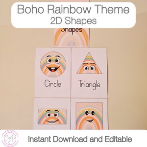 May include: Printable 2D shape cards with a rainbow and boho theme. The cards feature a circle, triangle, square, and rectangle with cute faces. The text "Instant Download and Editable" is at the bottom of the image.