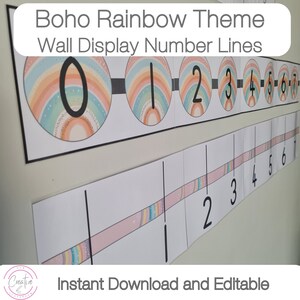 Boho Rainbow Theme Classroom | Number Lines | 2 Various styles Of Number Lines display | Editable Number Line | Instant Download