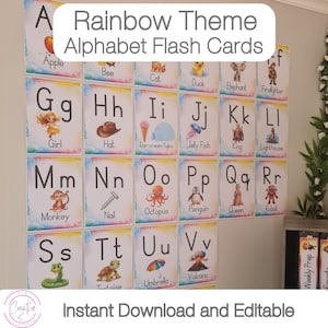 Rainbow Themed Classroom Alphabet Flashcards PDF Printable - Alphabet Posters - Editable Alphabet - Instant Download