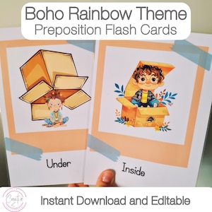 Boho Rainbow Theme Classroom | Prepositions | Learning Positions With Position cards | Editable Flashcards | Instant Download