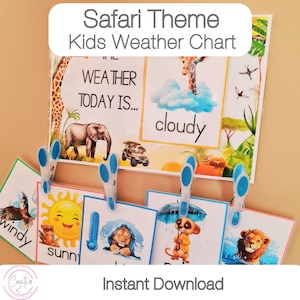 Carte météo pour enfants en classe Safari thème imprimable - affiches toutes les saisons téléchargement immédiat | Impression PDF