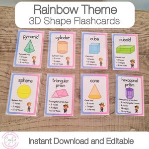 Op de afbeelding: Regenboogkleurige flashcards met verschillende 3D-vormen, waaronder een piramide, een cilinder, een kubus, een balk, een bol, een driehoekig prisma, een kegel en een zeshoekig prisma. Elke kaart heeft een eenvoudige illustratie van de vorm en geeft het aantal vlakken, randen en hoekpunten weer.
