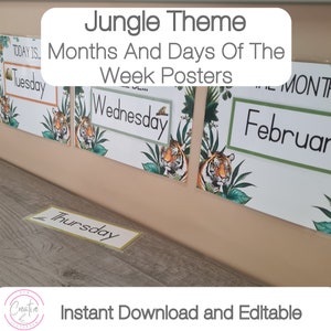Jungle thema klas dagen van de week poster afdrukbare & maanden van het jaar grafiek direct downloaden | (A4) 11,7 x 8,3 inch of 297 x 210 mm