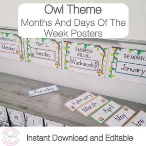 Owl Theme Classroom Days Of The Week Poster Printable & Months Of The Year Chart Instant Download | (A4) 11.7" x 8.3" or 297 x 210mm