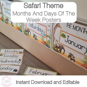 Safari thema klaslokaal dagen van de week poster afdrukbare en maanden van het jaar grafiek direct downloaden | (A4) 11,7 x 8,3 inch of 297 x 210 mm