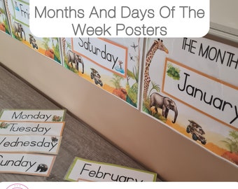 Safari Theme Classroom Days Of The Week Poster Printable & Months Of The Year Chart Instant Download | (A4) 11.7" x 8.3" or 297 x 210mm