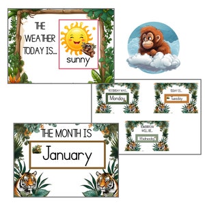 May include: A jungle-themed calendar with a bright yellow sun, a sloth, and a tiger. The text on the calendar says "The weather today is... sunny", "The month is January", "Yesterday was Monday", "Today is Tuesday", and "Tomorrow will be Wednesday".