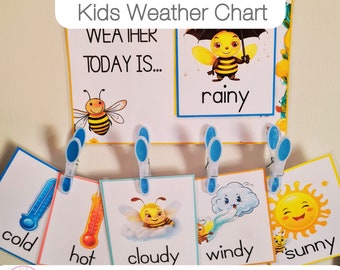 Bee Themed Classroom Kids Weather Chart Printable - All Seasons Posters | Instant Download PDF Printing